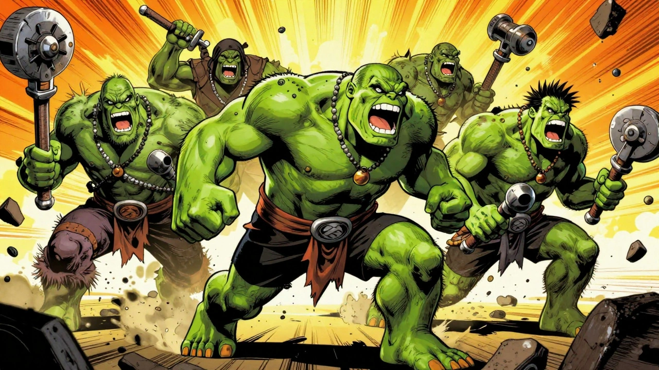 Орки в хаотичной атаке с веселыми выражениями лиц.