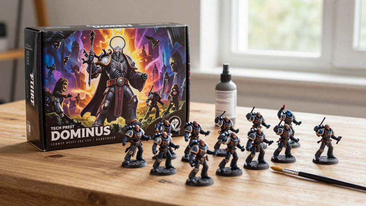 Открытый набор Start Collecting с покрашенными моделями Adeptus Mechanicus и инструментами для покраски на столе.