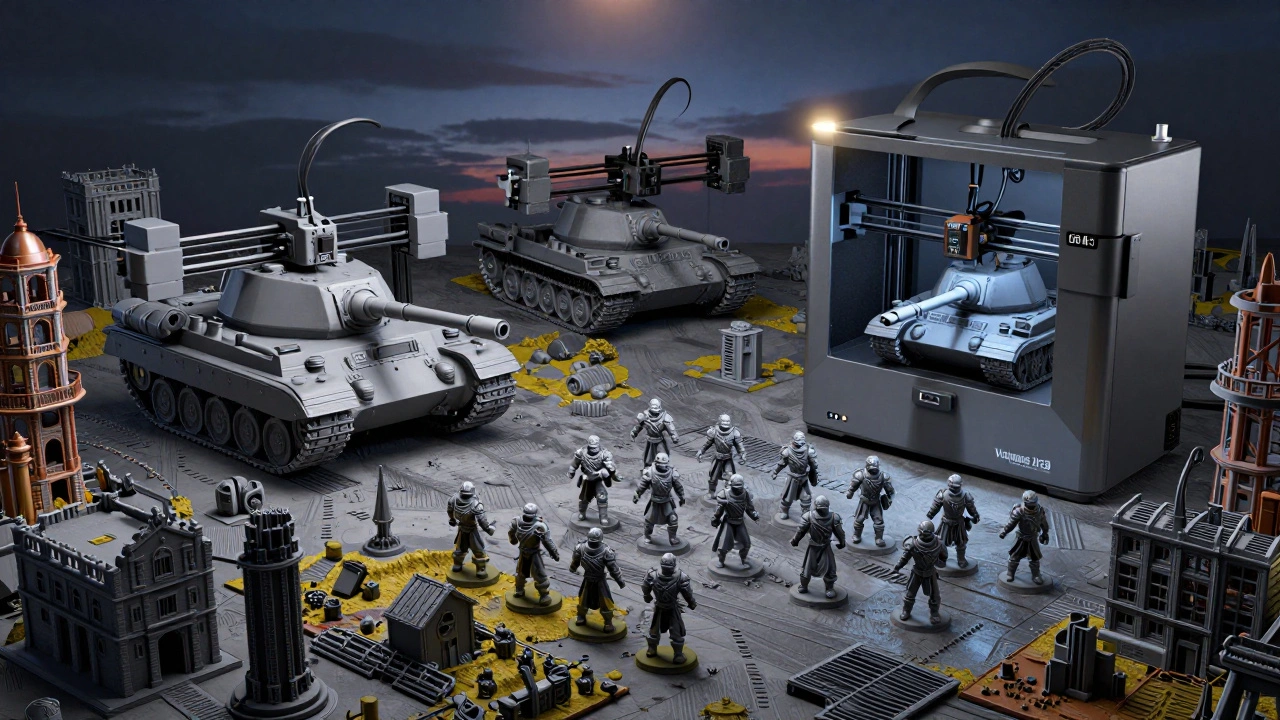 Панорама битвы, собранной из 3D-напечатанных элементов: танки, солдаты и руины, созданные на разных принтерах.