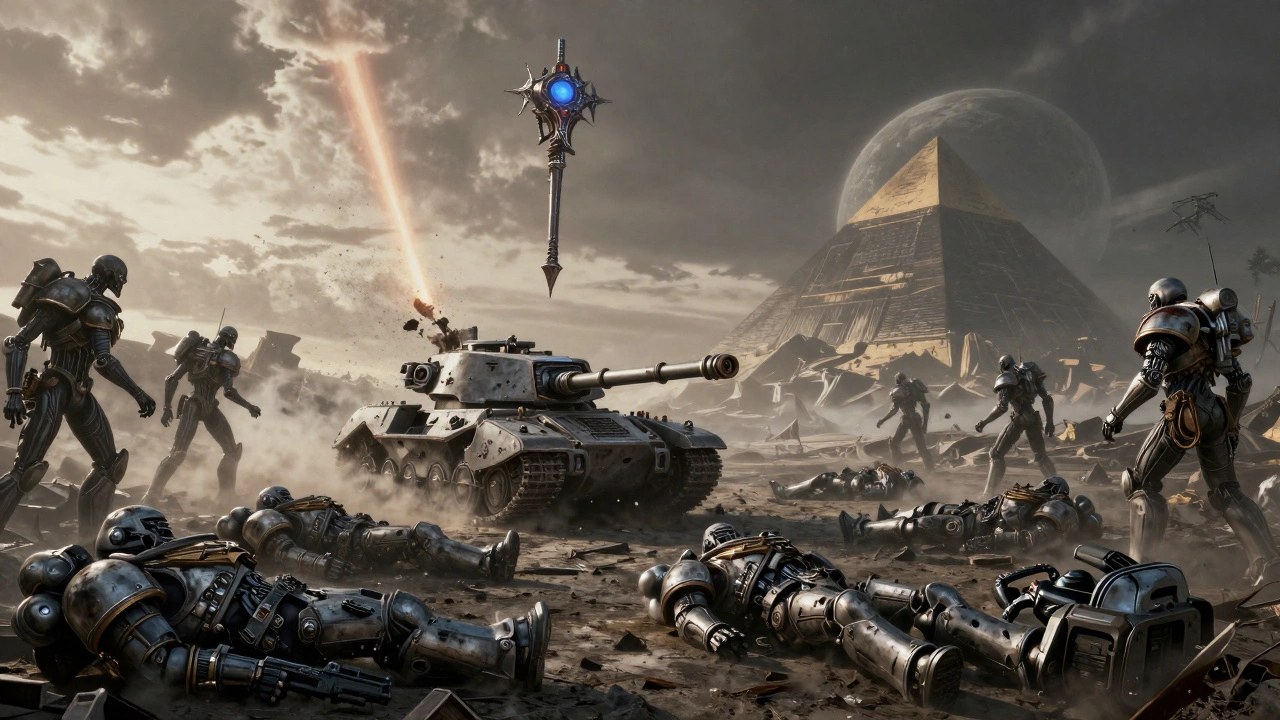 Поле боя: имперские солдаты растворены, некроны восстают из земли, а жезл завета стирает танк атом за атомом.