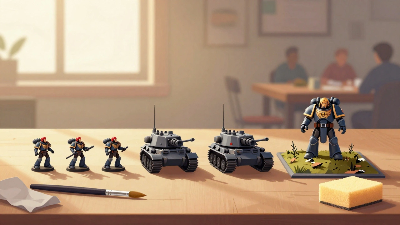 Постепенное развитие армии Warhammer 40K: от 5 солдат до полной армии с танками и героем.