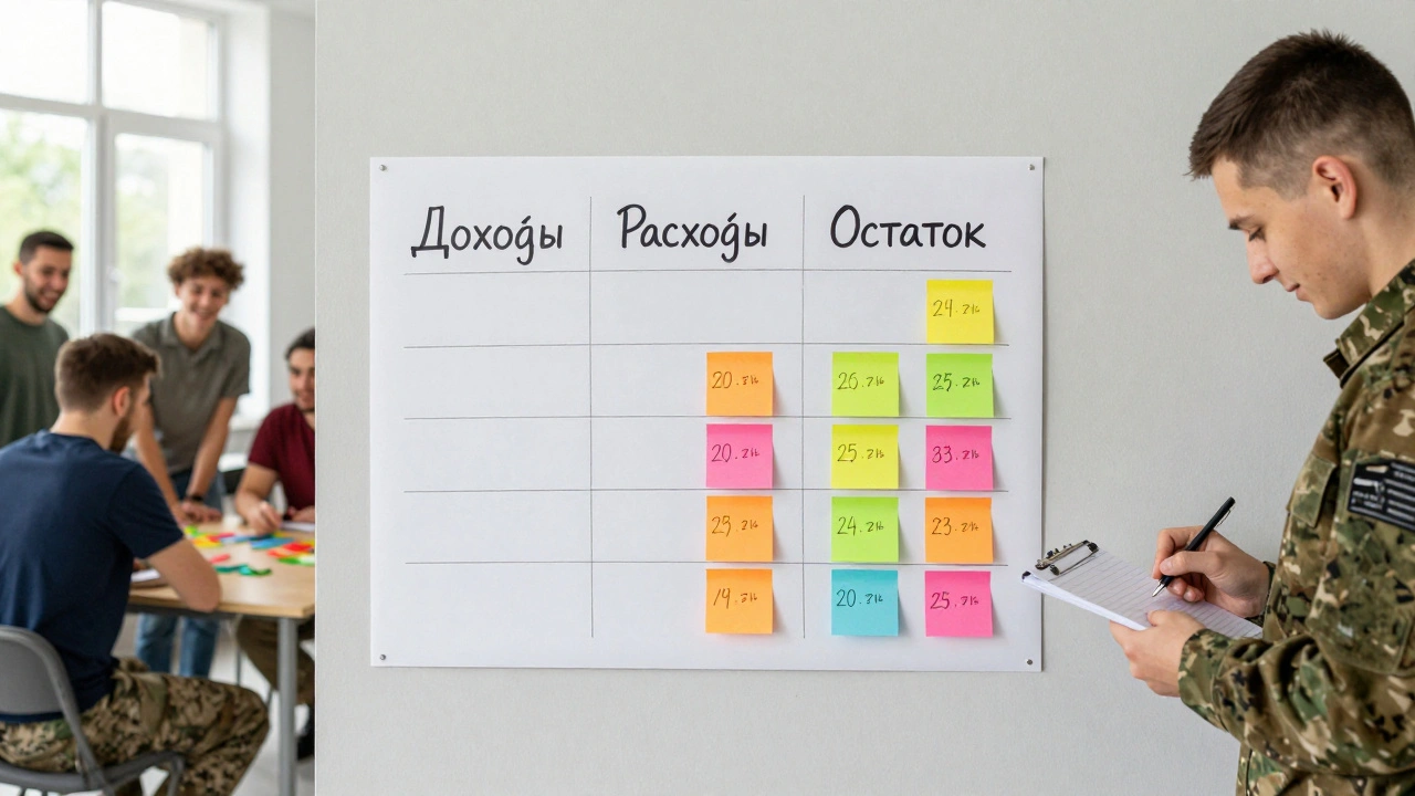 Постер с бюджетом клуба на стене, игроки играют на заднем плане, казначей ведёт учёт.