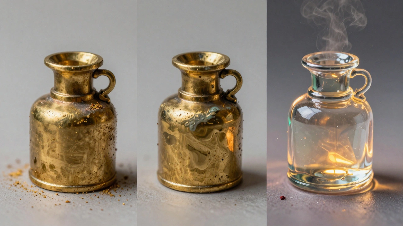 Разделённое изображение миниатюры: сырой металл, пигменты и финальный глянцевый лак в трёх этапах.