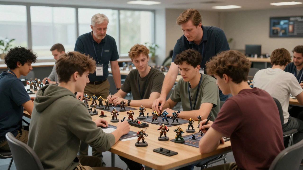 Разнообразная группа новичков на турнире с судьями-менторами в современном клубе.