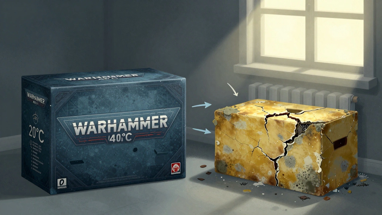 Разрушенная и сохранённая коробки Warhammer 40K на фоне противоположных климатических условий.