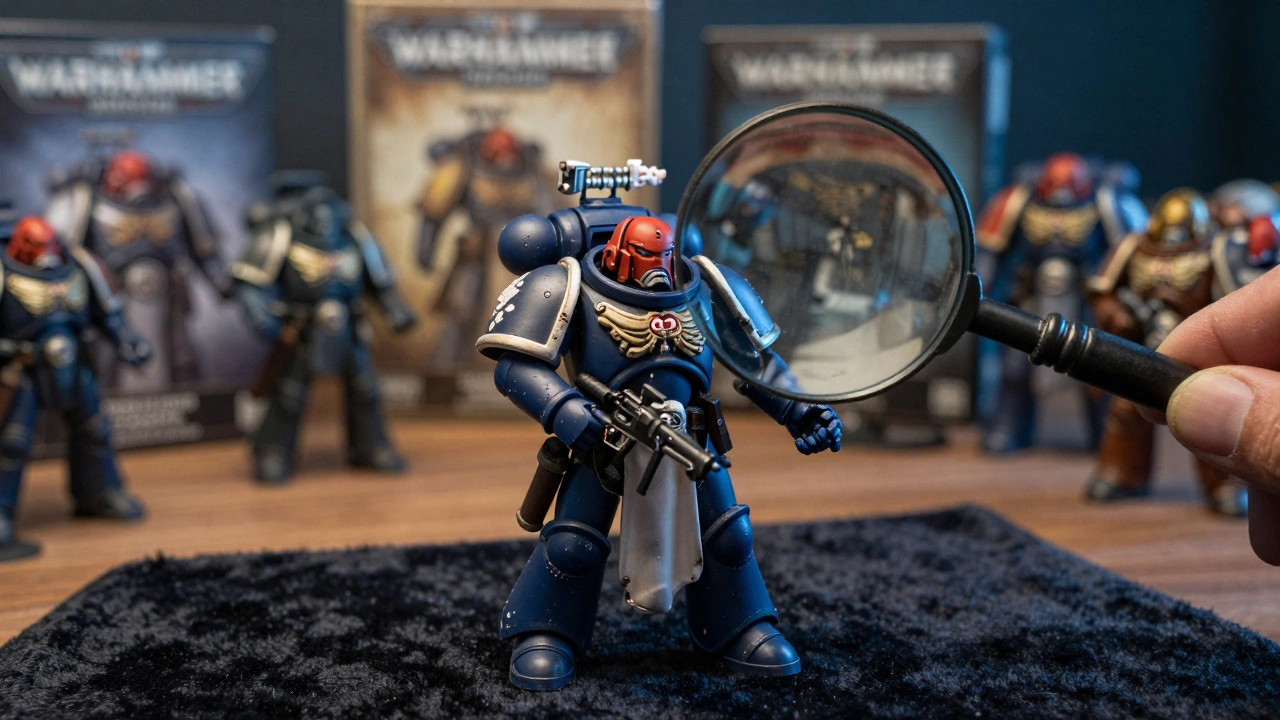 Редкая миниатюра Cadian Soldier 2019 года на бархате, с увеличительным стеклом над ней и размытыми моделями Horus Heresy на фоне.