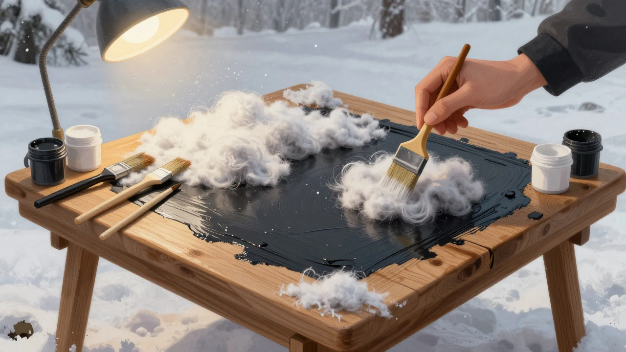 Ручная работа по созданию зимнего террейна: кисть наносит клей, а в руках — белый и серый флок на деревянной доске.