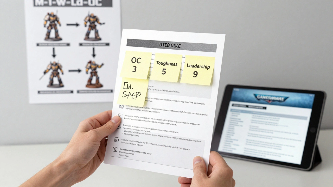 Рука держит распечатанный даташит с наклейками на ключевых параметрах, на фоне — стена с шпаргалкой и планшетом с правилами.