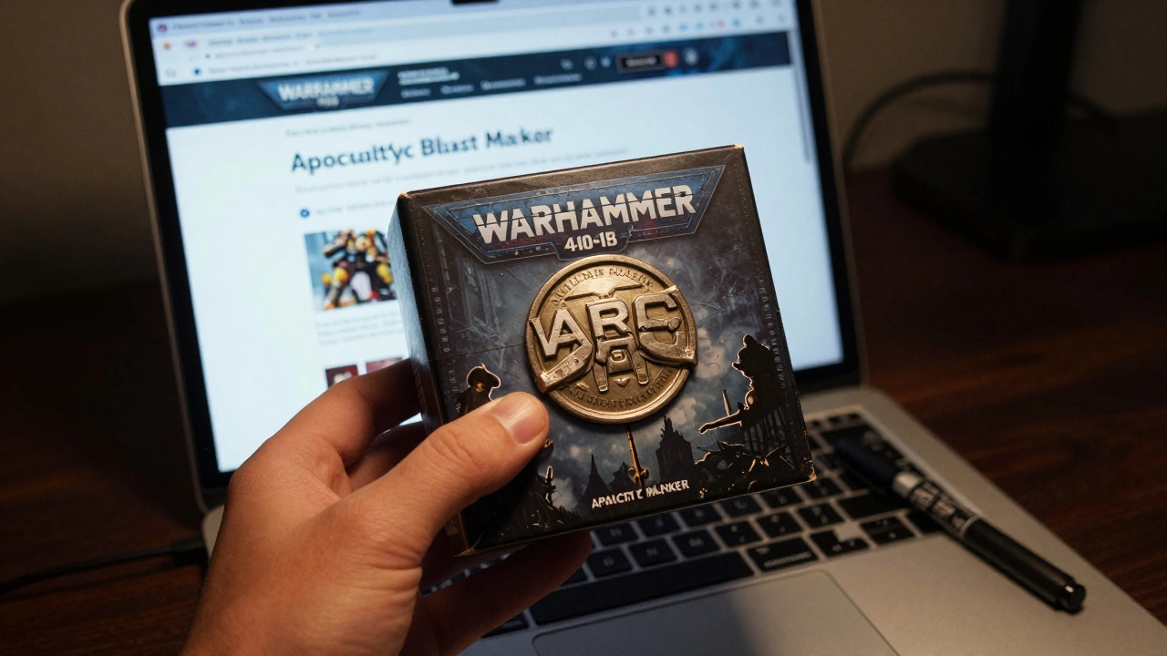 Рука держит запечатанную коробку Warhammer 40K, на экране — страница предзаказа.