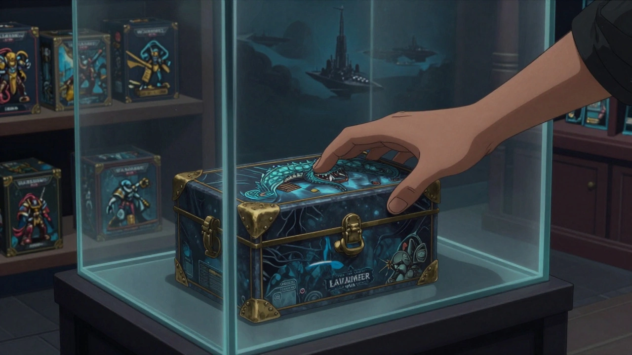 Рука кладет лимитированный бокс Leviathan в стеклянную витрину, рядом — другие редкие наборы в тусклом свете.