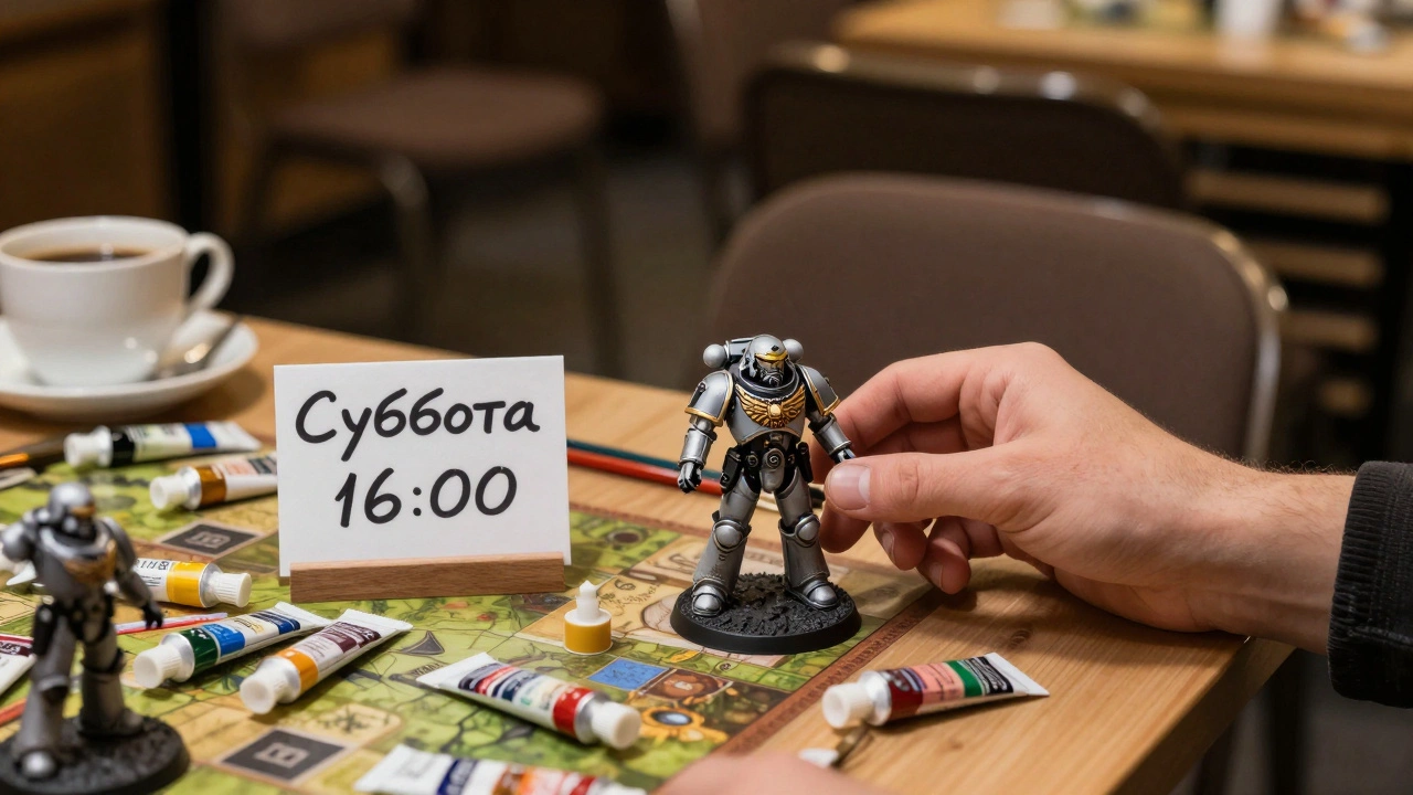Рука кладёт только что покрашенную миниатюру на стол рядом с запиской 'Суббота 16:00', вокруг — кисти, краски и кофе, атмосфера начала чего-то важного.