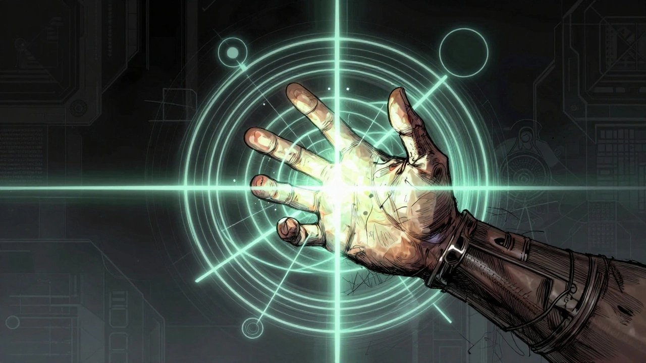 Рука переходит от дрожи к контролю, вокруг — геометрические узоры точности.