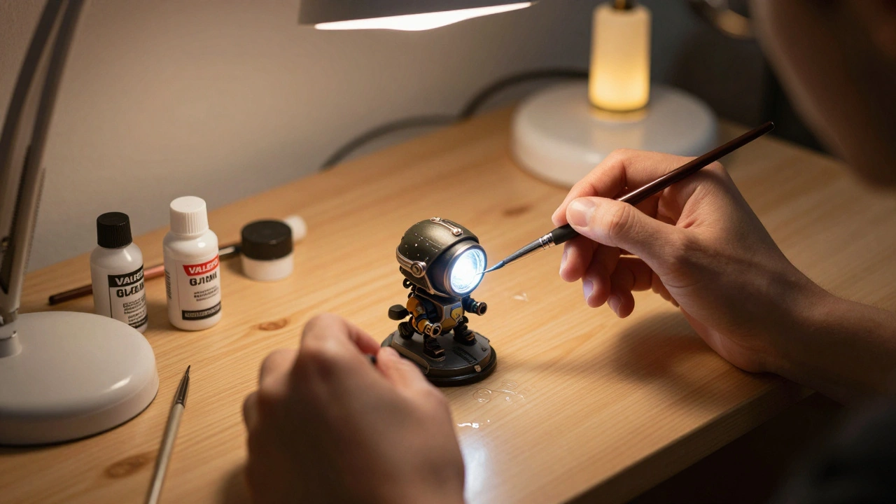 Руки художника наносят прозрачную краску на миниатюру шлема с лампой, на столе видны кисти и краски.