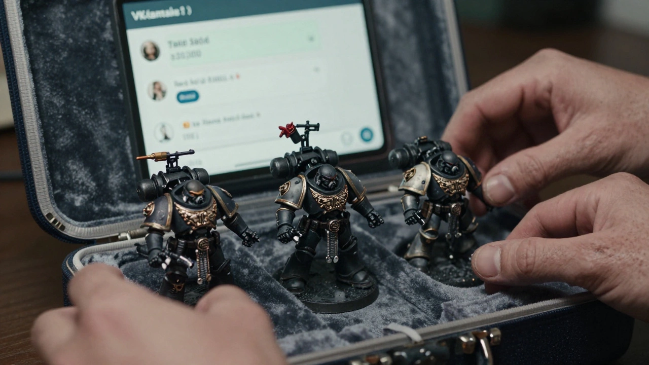 Руки кладут три редкие миниатюры Warhammer 40K в бархатный футляр для коллекционеров.