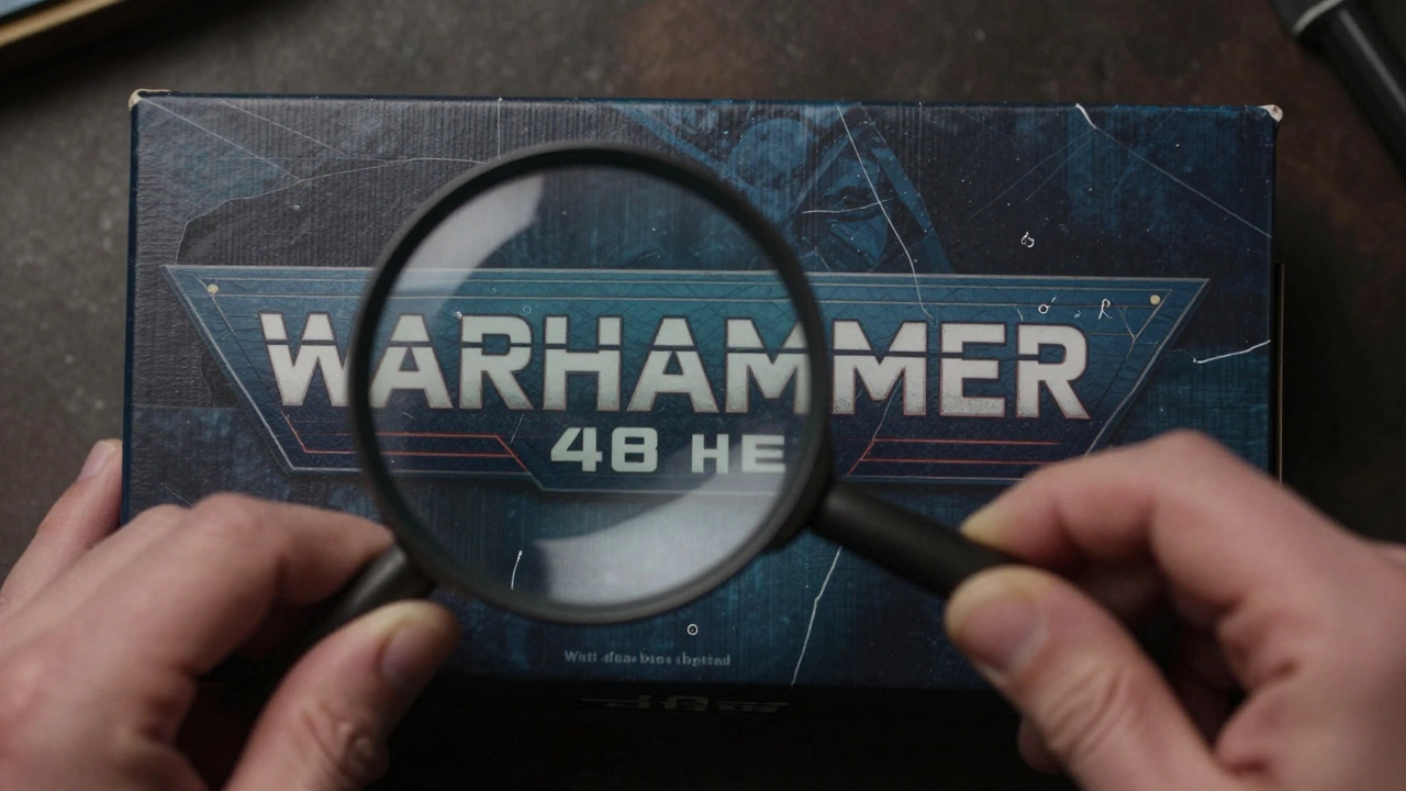 Руки коллекционера рассматривают под увеличением логотип на коробке Warhammer 40K: точный официальный шрифт и искажённый поддельный.