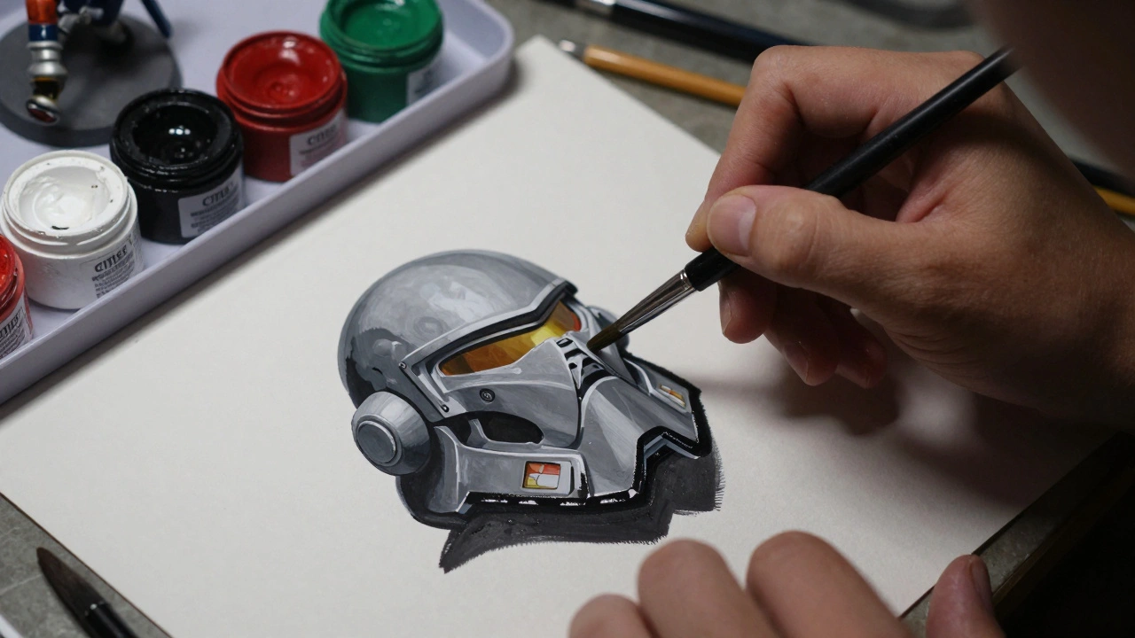 Руки новичка красят шлем Космодесанта, рядом — палитра с красками Citadel.
