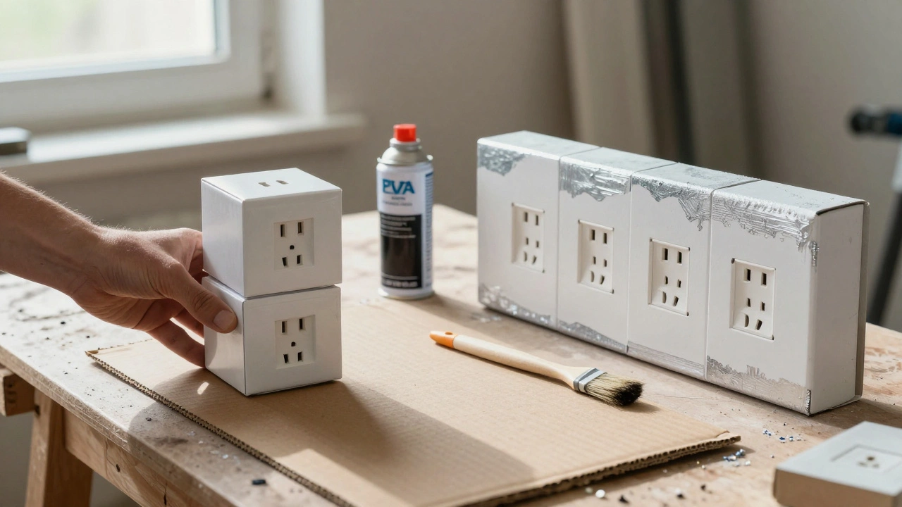 Руки с материалами для создания террейна: подрозетники, картон, клей и аэрозольная грунтовка на столе.