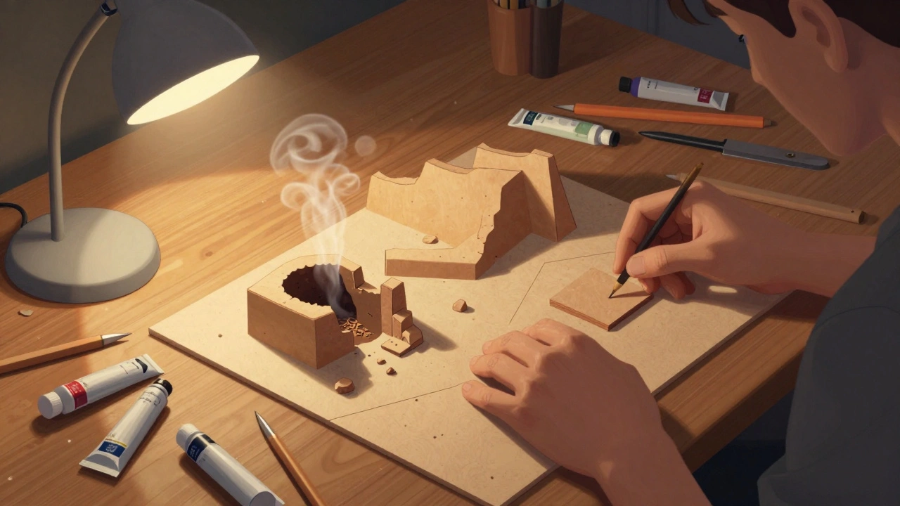 Руки собирают самодельный террейн из фанеры и пены с красками и инструментами