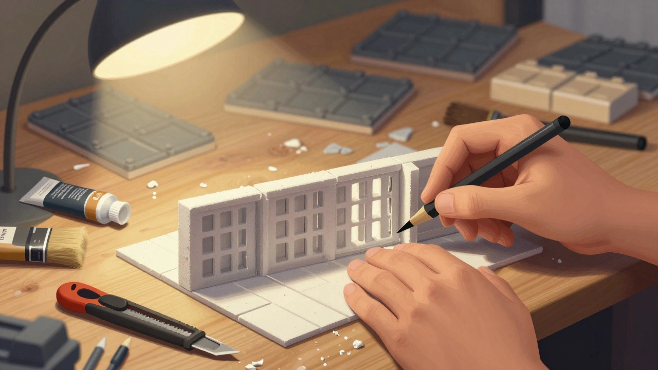 Руки создают баррикаду из пенополистирола и гипса, рядом инструменты и краски для городского стола 40K.