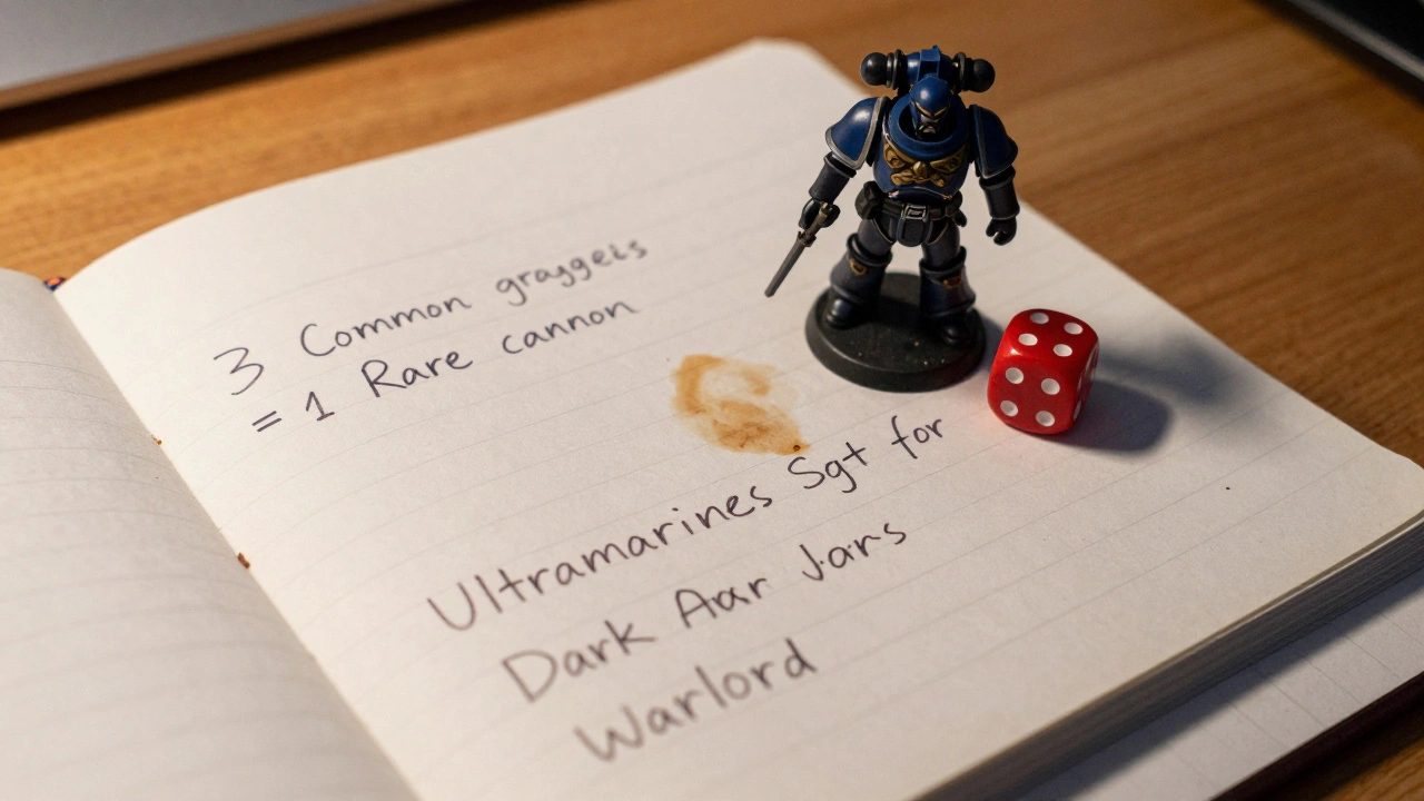 Рукописная таблица обмена на деревянном столе с миниатюрой сержанта и кубиком, освещённая лампой.