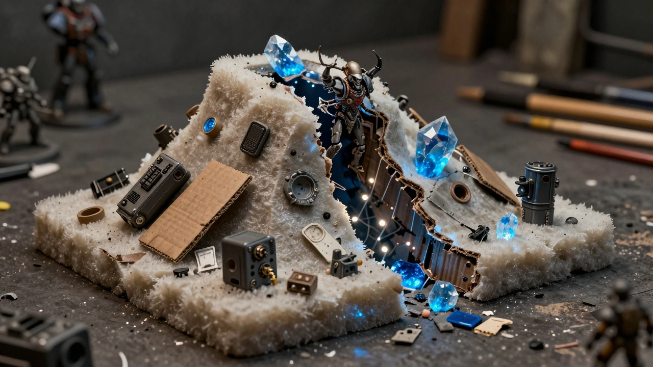 Самодельный холм из пенопласта и старых игрушек с подсветкой и пробуждающимся Некроном.