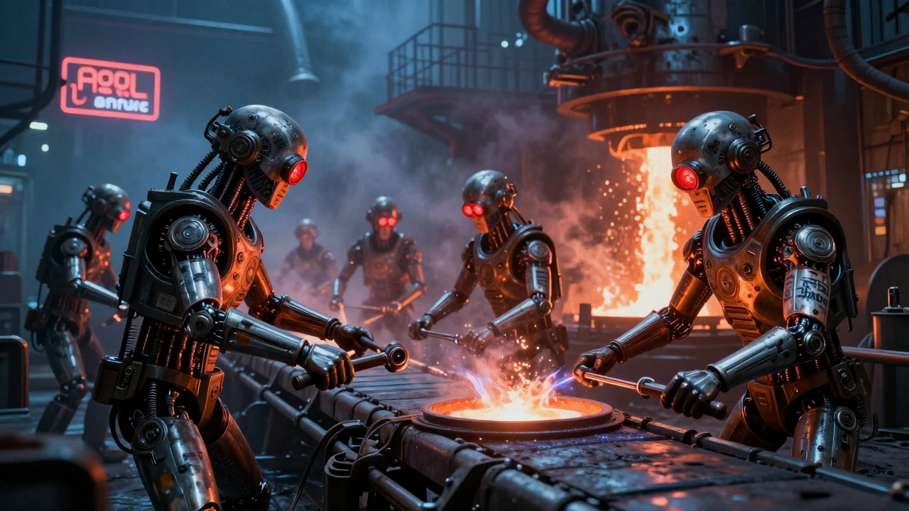 Сервиторы с электротатуировками работают на заводской линии в мрачной индустриальной среде.