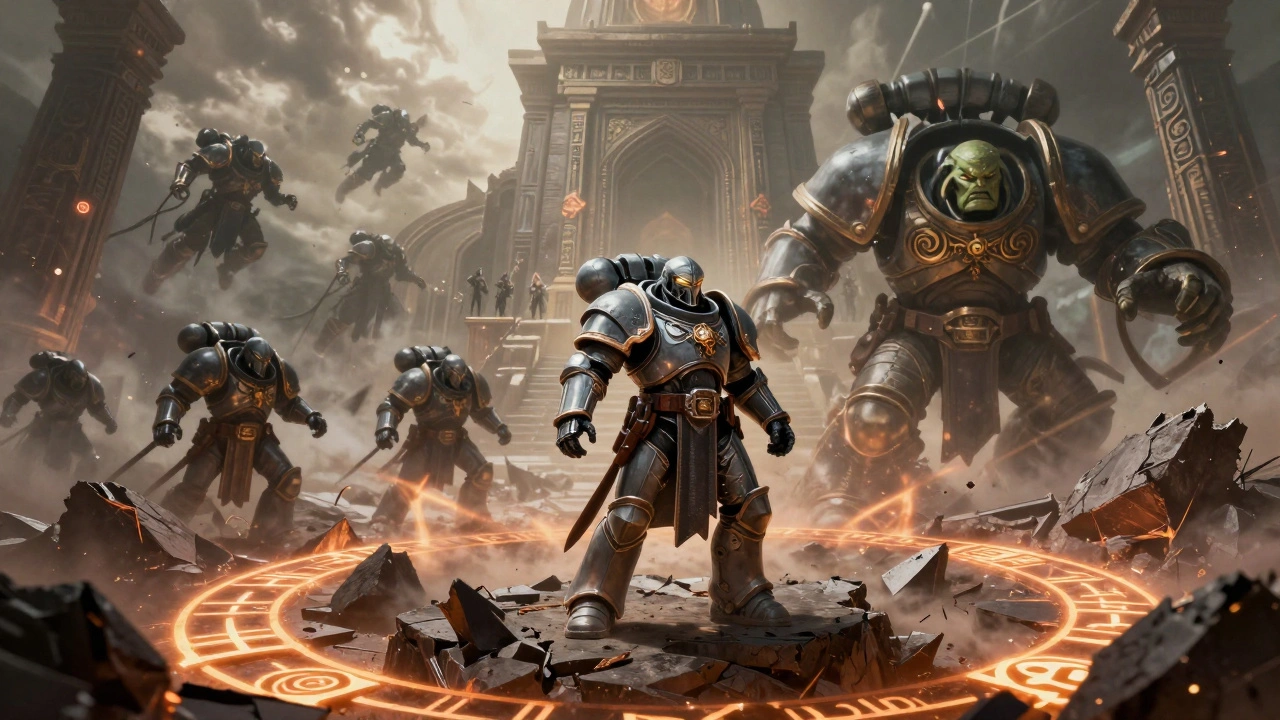 Серый Рыцарь стоит перед рушащимся храмом, окруженный хаосом, а за спиной — орки и эльдары, символизируя единство в борьбе.