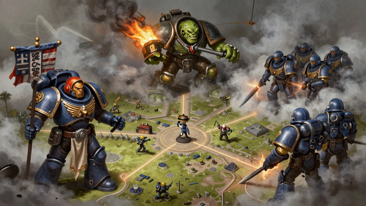 Синергия армий Warhammer 40K: космодесант удерживает центр, орки атакуют с фланга, а гвардия создаёт дымовые завесы для защиты.