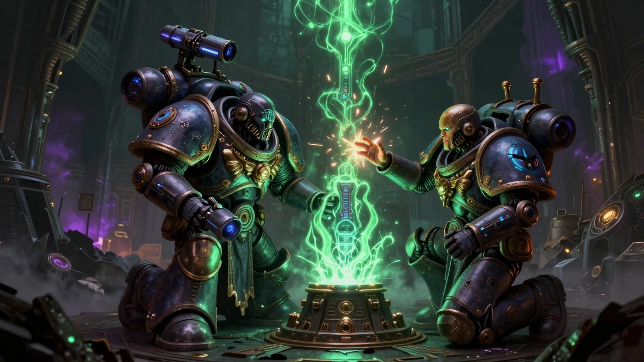 Скитарии преклоняются перед древним артефактом, освещённым таинственным светом в руинах корабля.