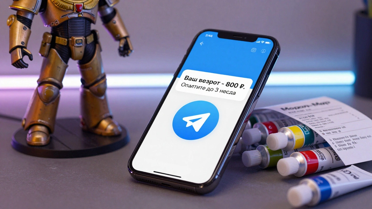 Смартфон показывает напоминание о взносе в Telegram-боте рядом с красками и моделью.