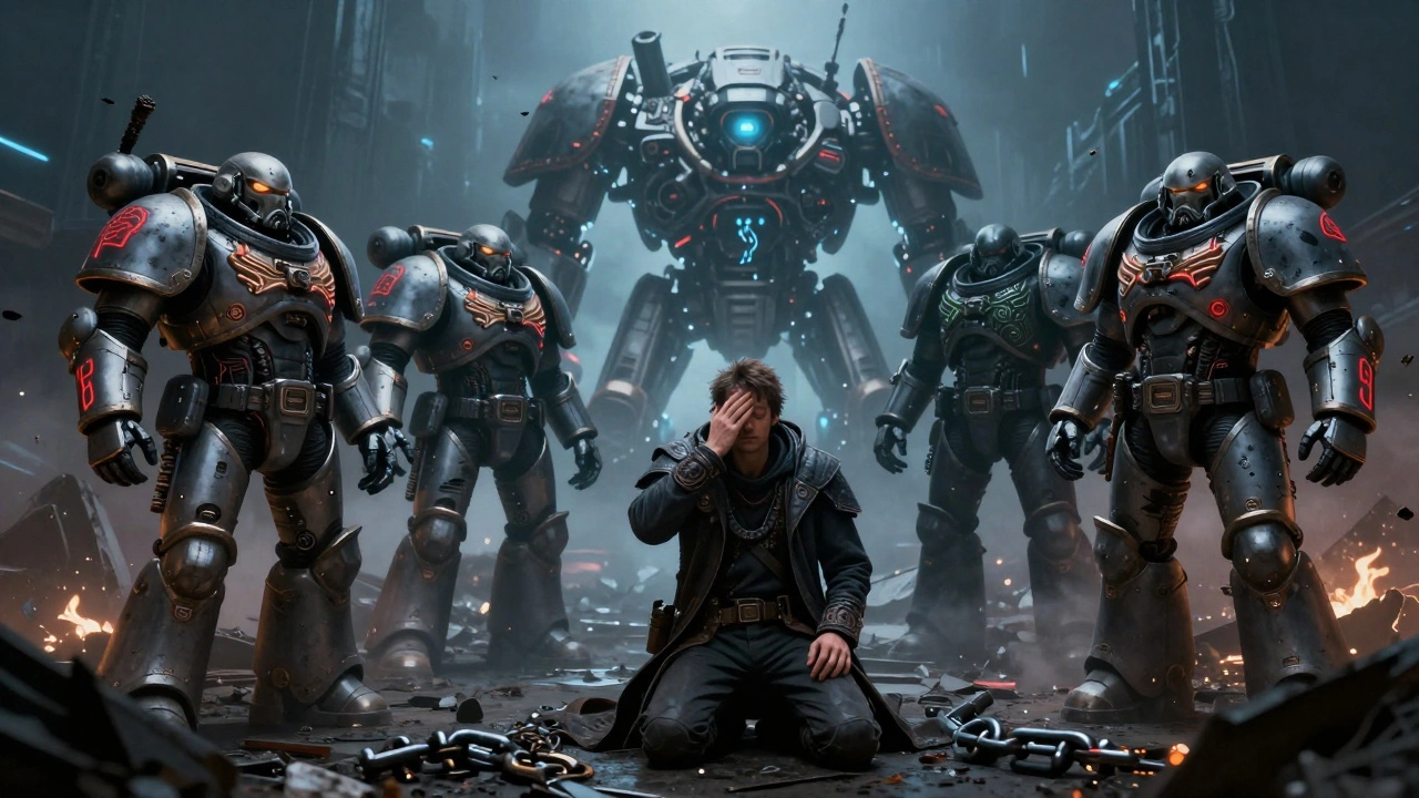 Солдаты разных фракций стоят вместе под символом сломанной цепи, вокруг — руины и мерцающие кристаллы.