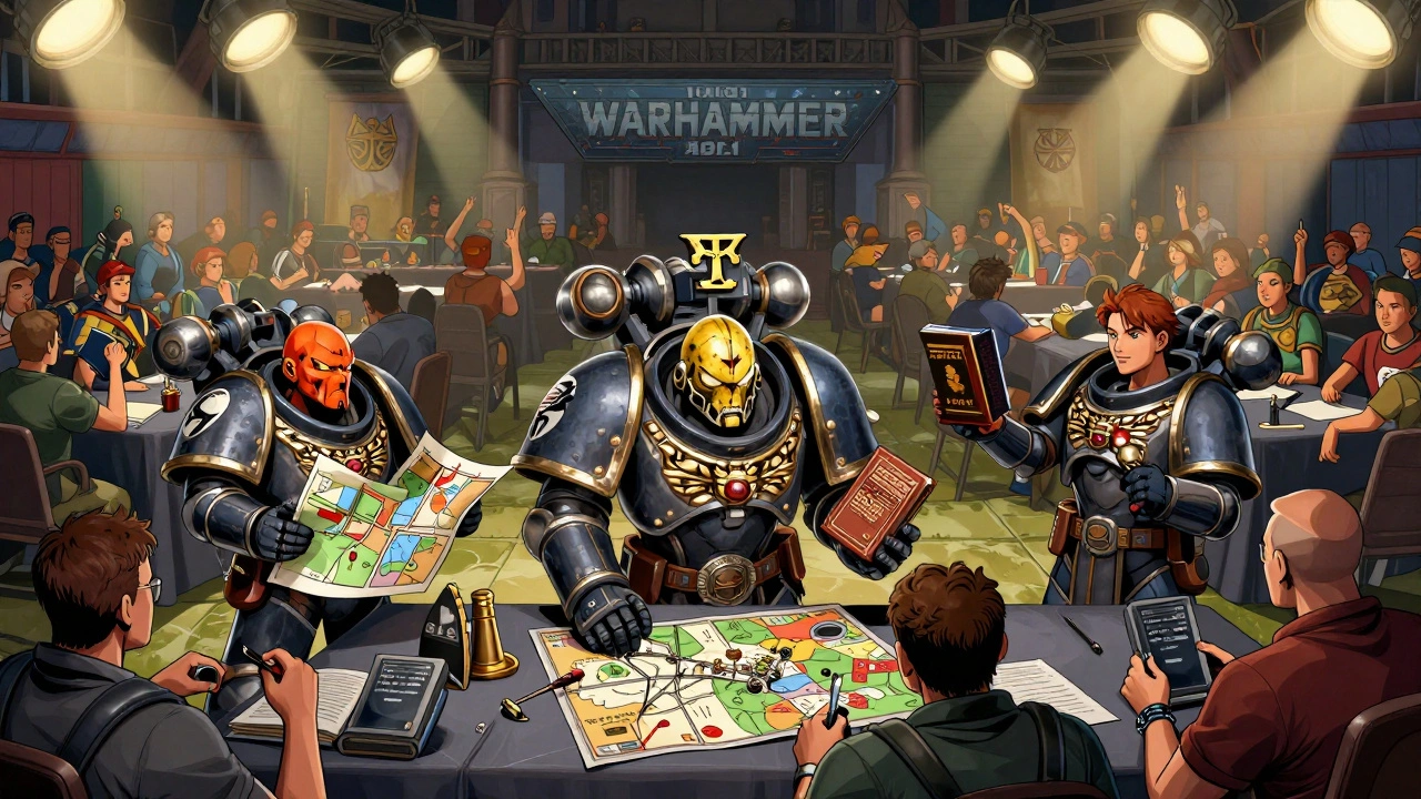 Совместный турнир Warhammer 40K: игроки из трёх клубов соревнуются, организаторы распределяют задачи, зрители восторжены.