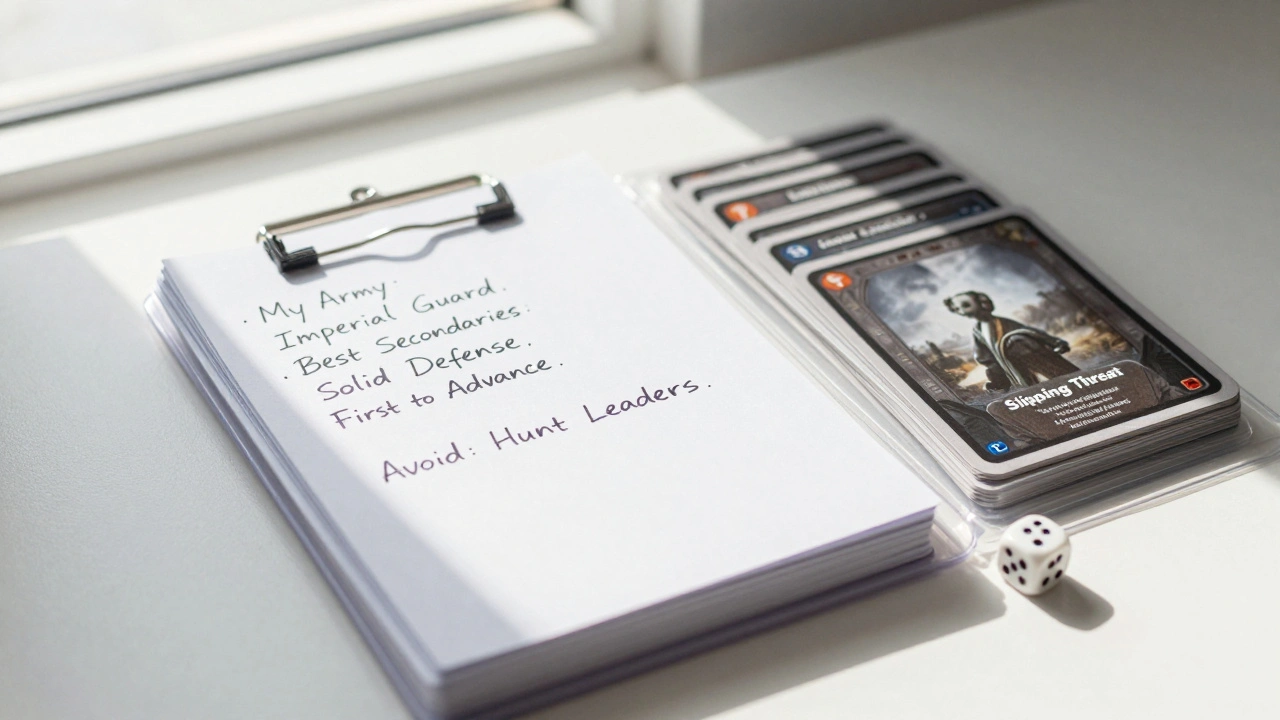 Шпаргалка игрока с заметками о вторичных целях и колода карт миссий Leviathan на турнире по Warhammer 40K.