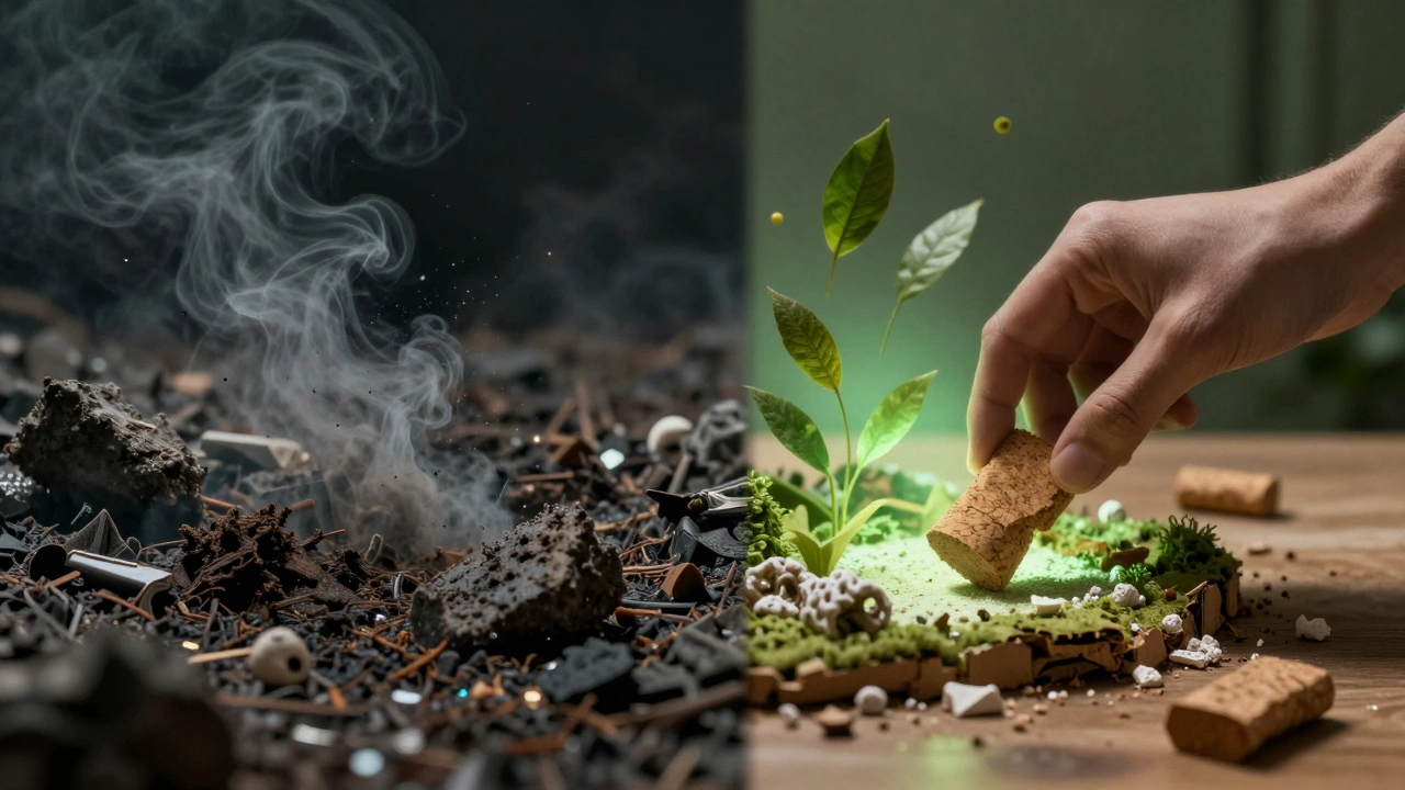 Split image: toxic terrain emitting fumes vs. eco-friendly terrain glowing with green light, symbolizing sustainable creation.