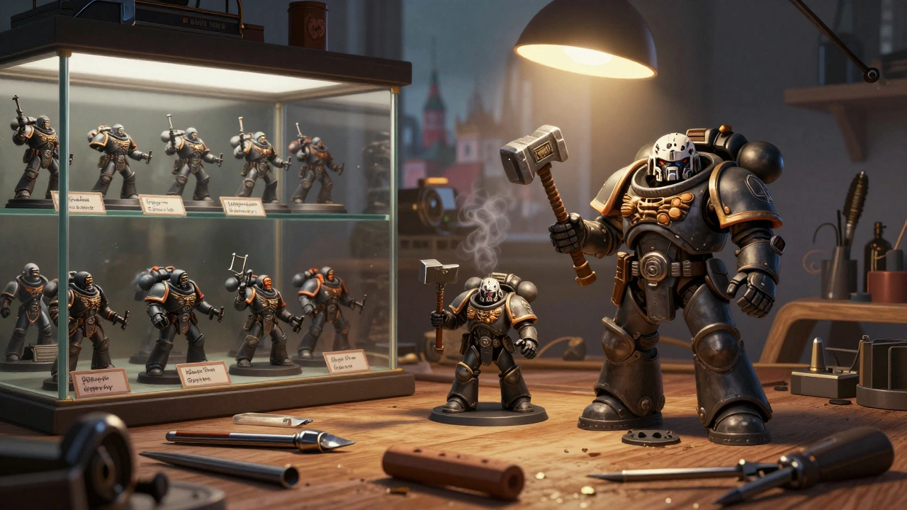 Сравнение дорогих официальных миниатюр и недорогих 3D-напечатанных моделей Warhammer 40K на рабочем столе.