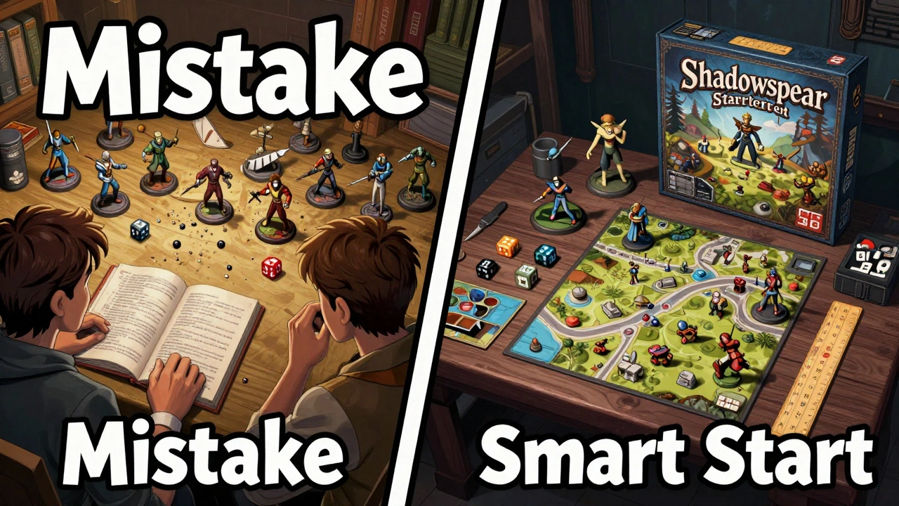 Сравнение хаотичной сборки моделей и готового стартового набора Warhammer 40K в стиле комикса.