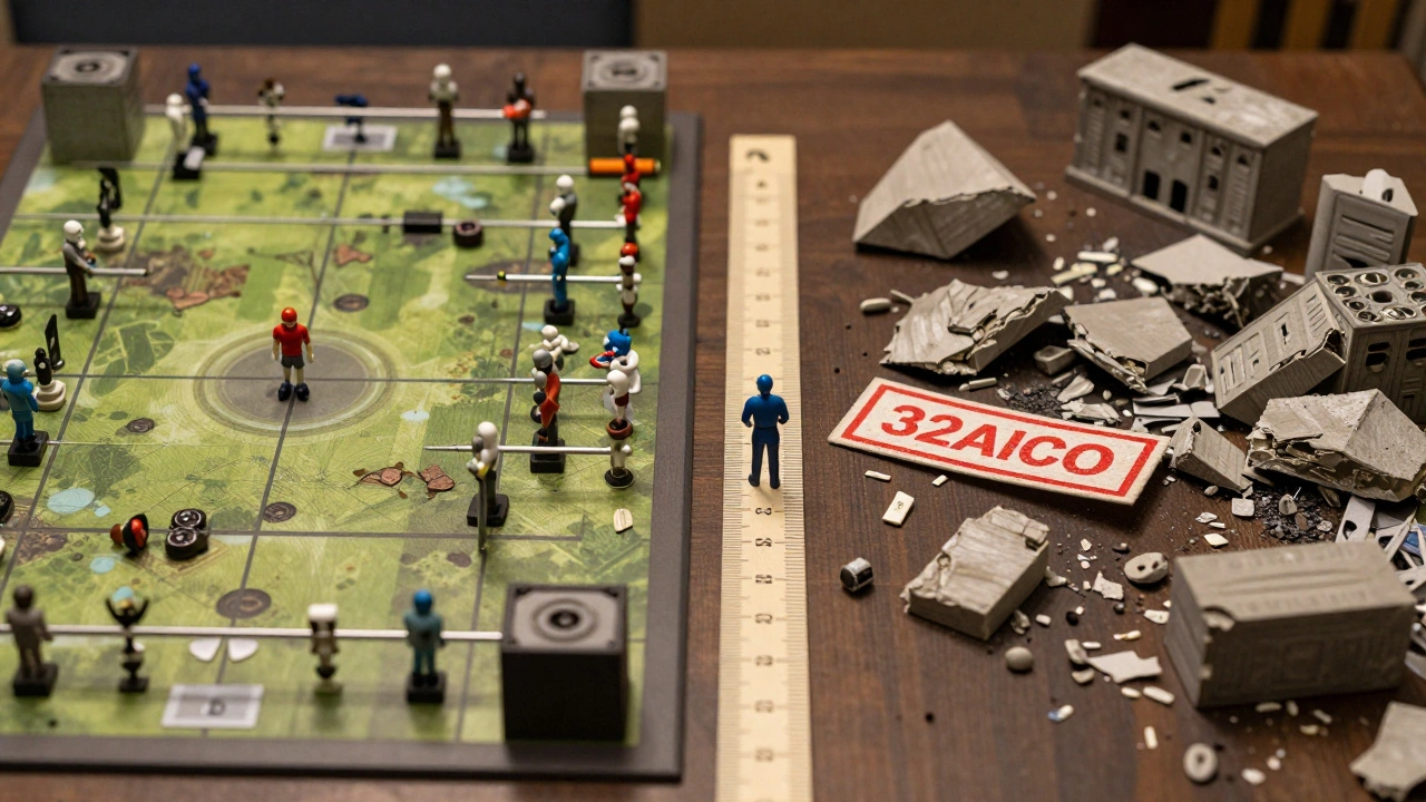 Сравнение: официальный турнирный террейн слева и слишком высокие руины справа с запрещающим знаком.