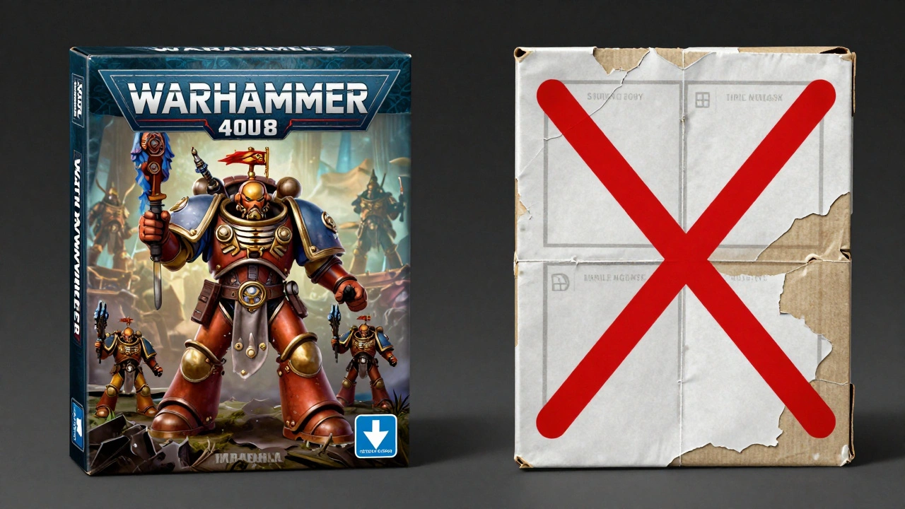 Сравнение оригинальной и поддельной упаковки Warhammer 40K: качественная коробка с чистыми миниатюрами и тонкая, деформированная подделка с неровными швами.