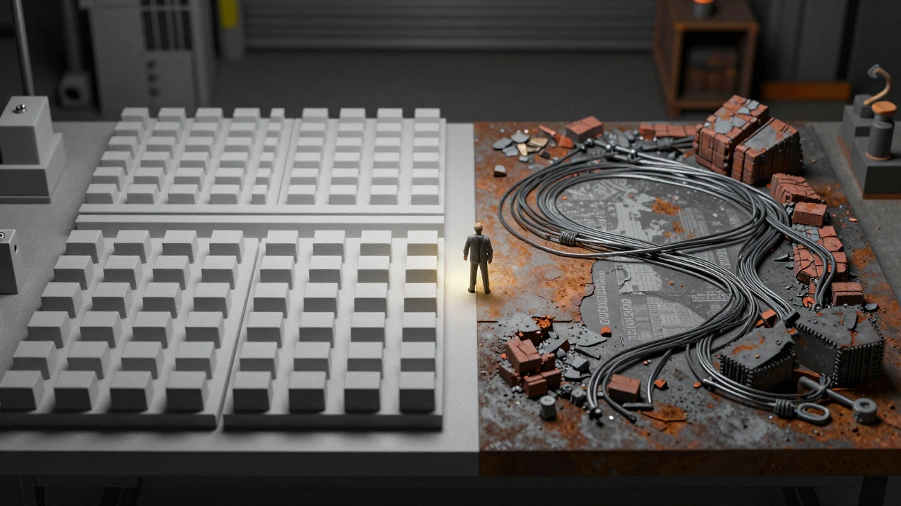 Сравнение покупного и самодельного террейна: чистые линии слева и ручная доработка справа.