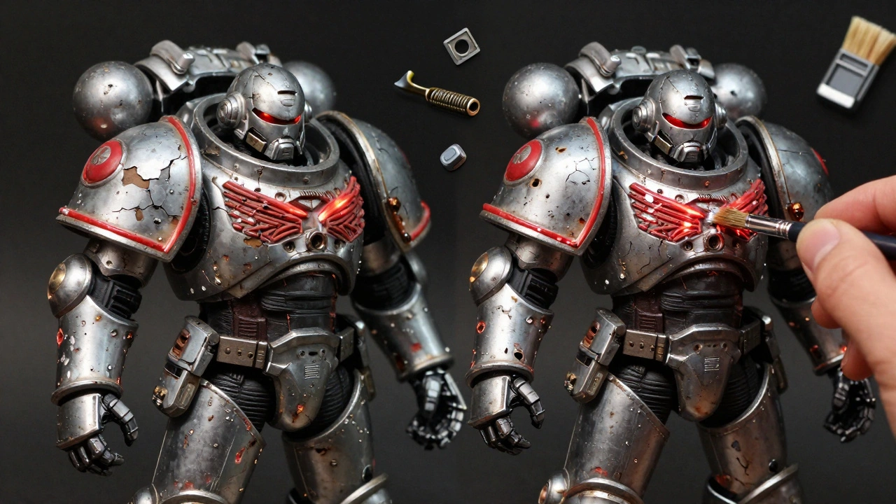 Сравнение сломанной и восстановленной модели Chaos Space Marine в стиле комикса с детализированными эффектами боя.