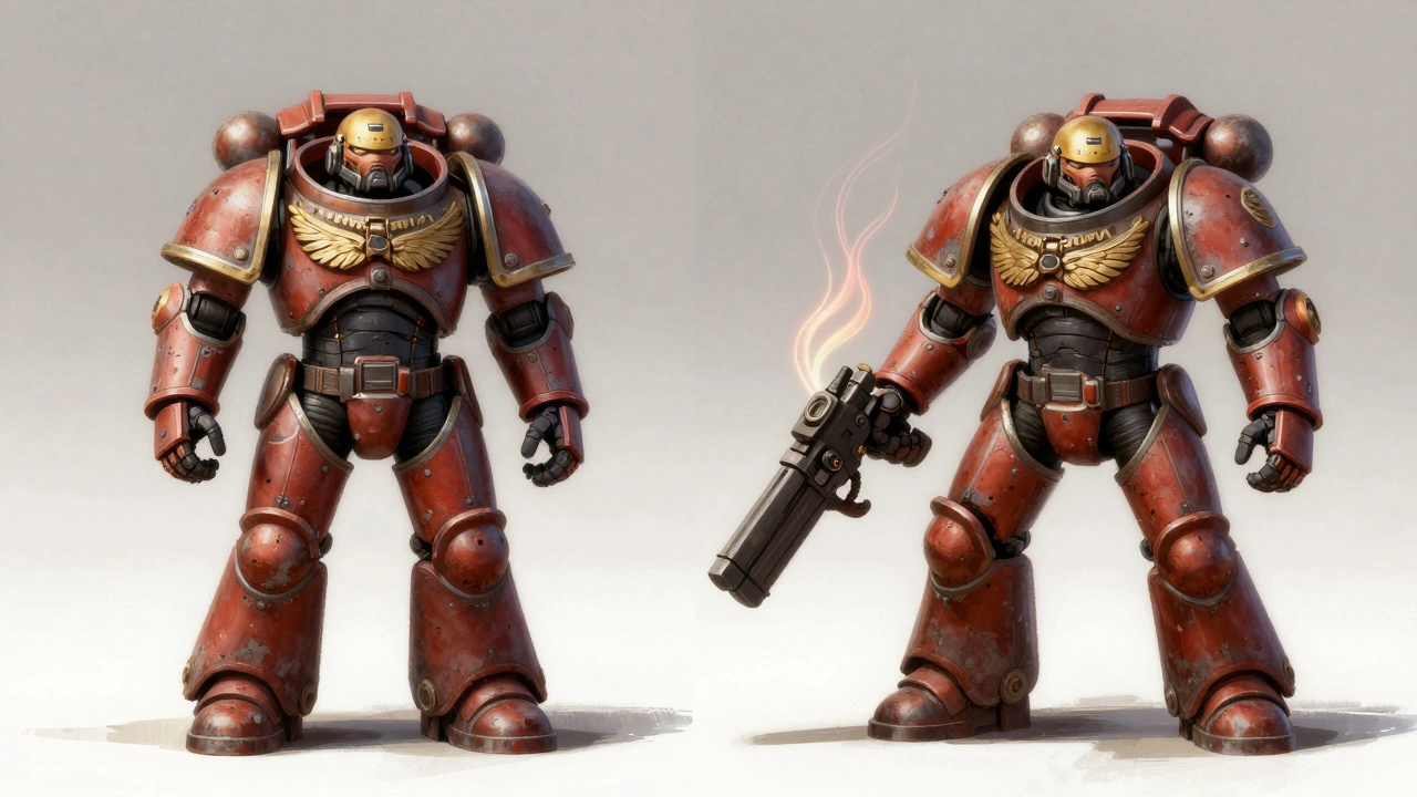 Сравнение стандартной и изменённой позы космодесанта: слева — статичная, справа — динамичная с тепловыми волнами.