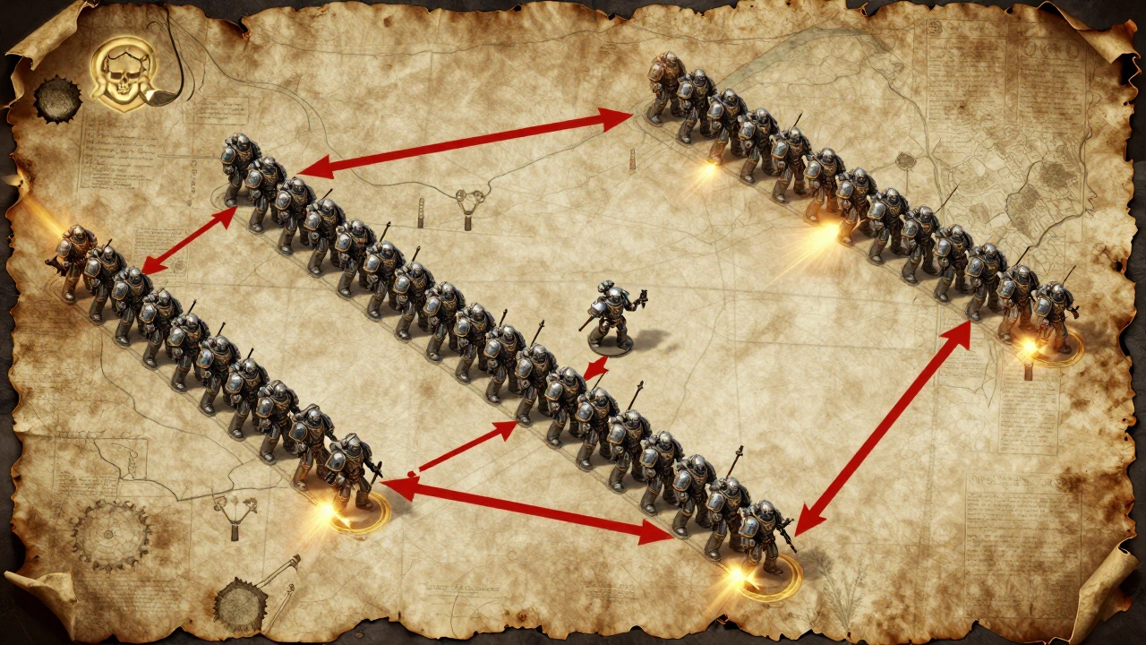 Старинная тактическая карта, показывающая обходящий маневр против линейной обороны в Warhammer 40K.
