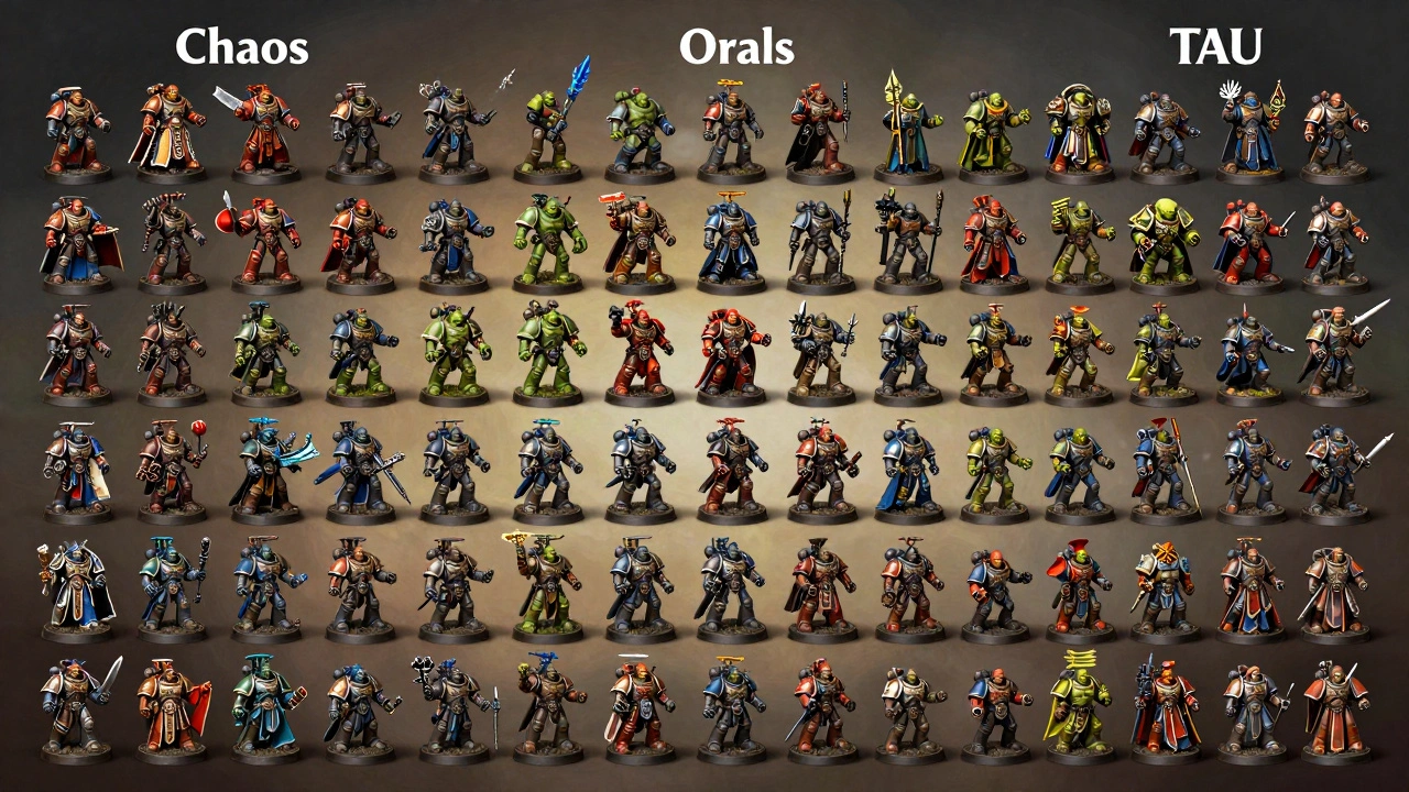 Стол с миниатюрами фракций Хаос, Орки и Тау, расставленных по категориям