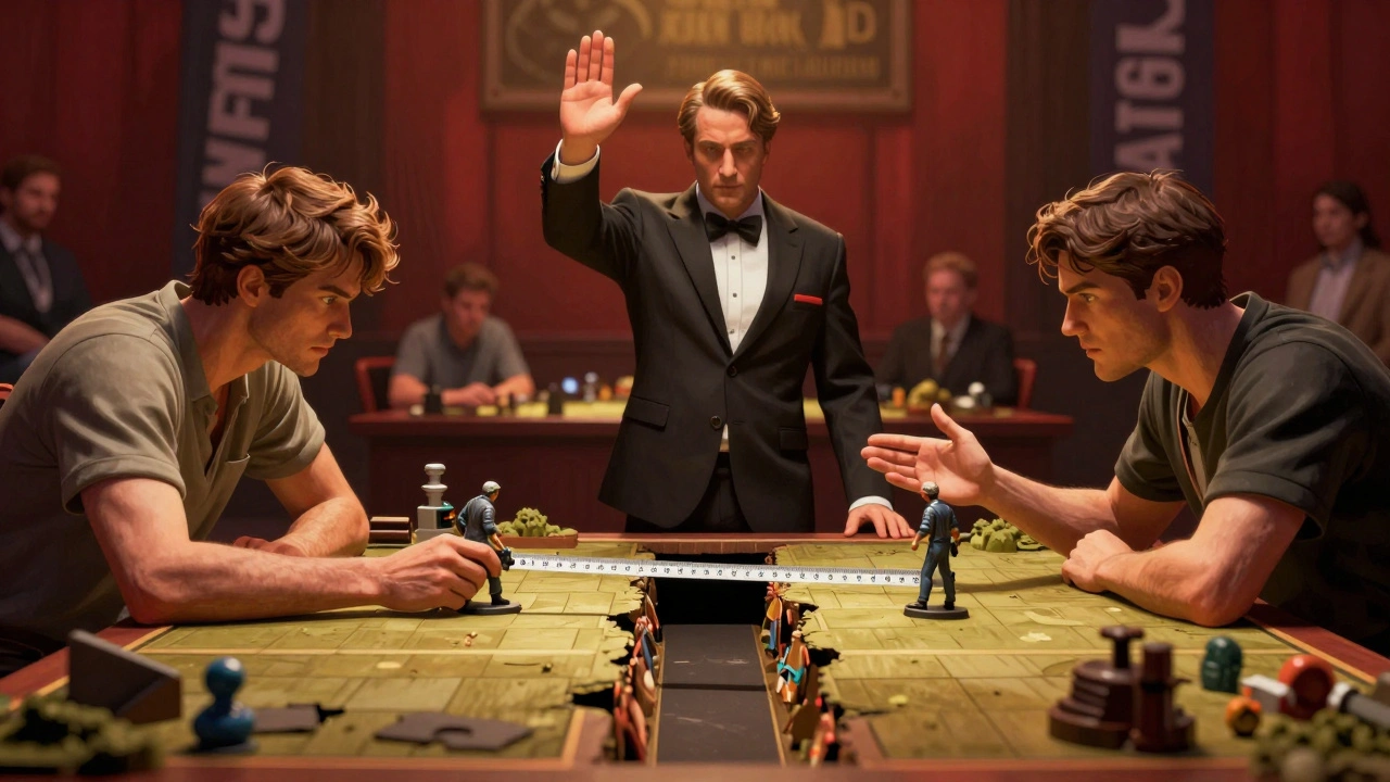 Судья на турнире останавливает игру, когда игроки спорят о видимости модели за узким препятствием.