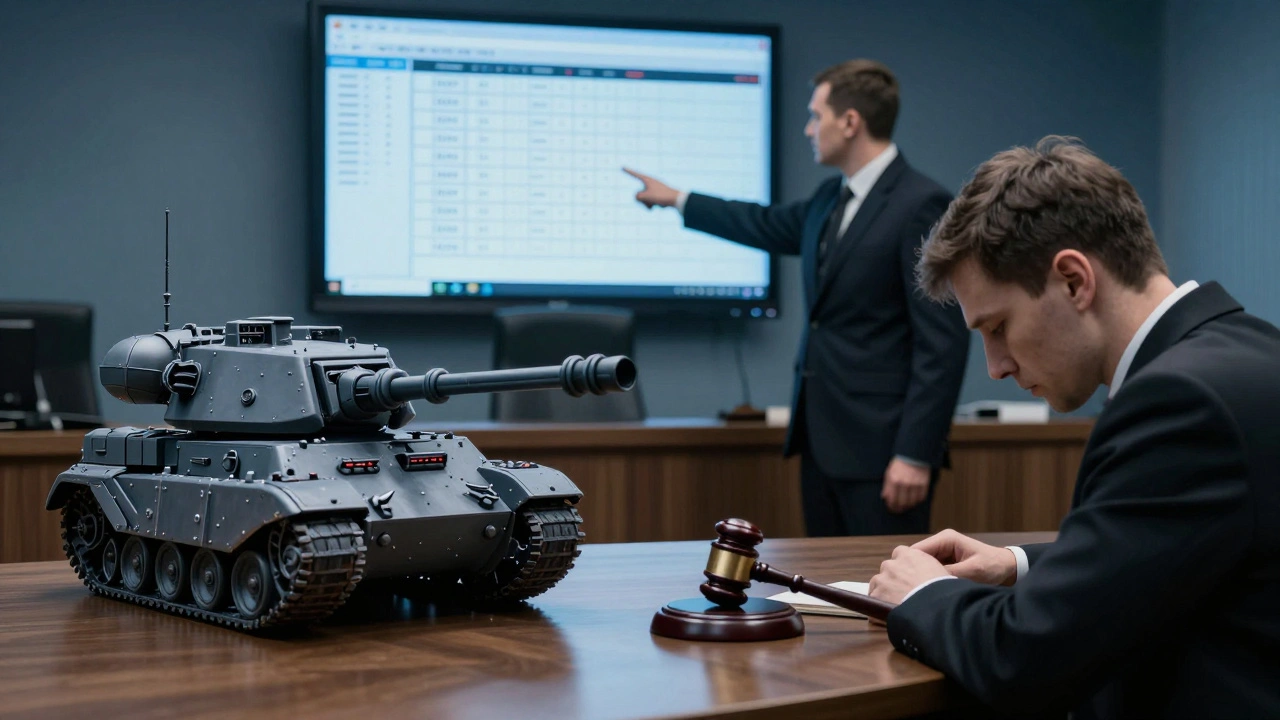 Судебное заседание, на столе лежит 3D-печатная модель танка, а юрист указывает на экран с данными о распространении файлов.