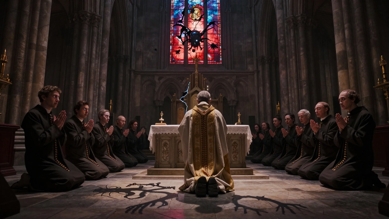 Священник в имперском храме, чья тень раскрывает его монструозную природу, пока прихожане молятся в неведении.