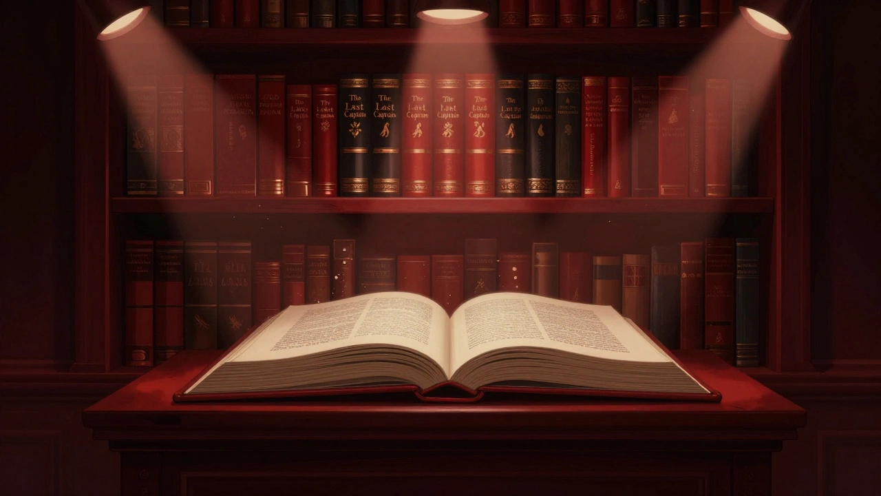 Точечный свет выделяет редкие издания Warhammer 40K на полке, создавая атмосферу музейной экспозиции.