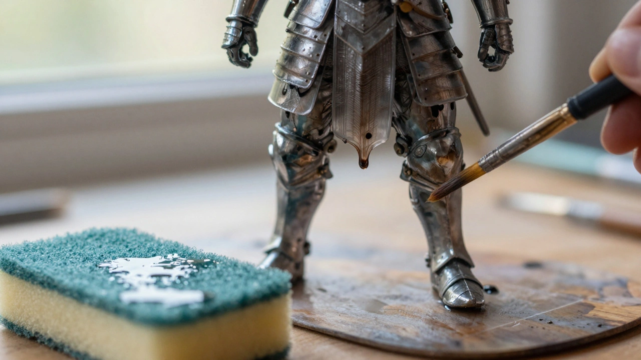 Тонкий слой краски проникает в швы брони, на фоне влажной палитры с прозрачной плёнкой.