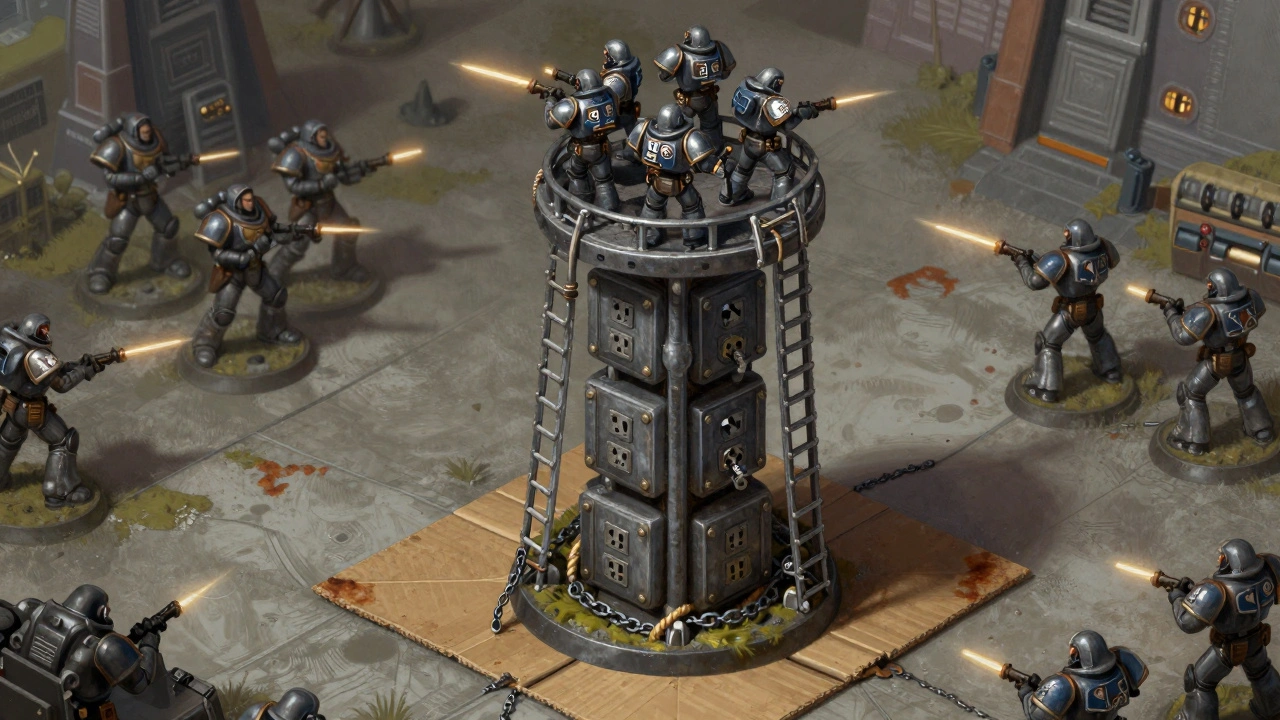 Трёхуровневая башня из подрозетников с лестницей и цепями, с солдатами на вершине в Warhammer 40K.