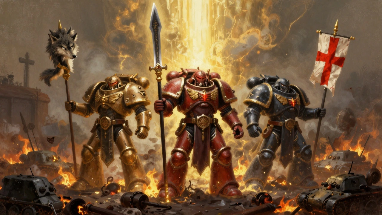 Три боевых знамени на поле боя: волчья шкура, клинок Сакриса и красный крест с кровавой полосой.